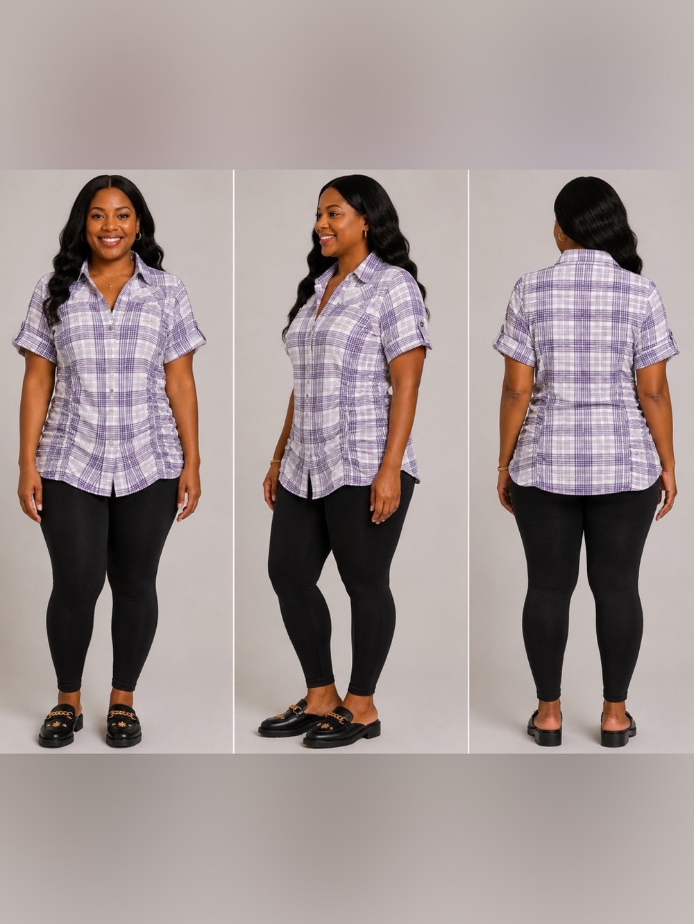 AKADEMIKS PLAID RUCHED SHORT SLEEVE BLOUSE SIZE MEDIUM (NEW WITH TAGS) A19